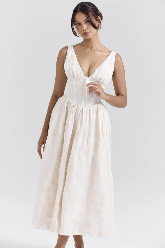 Emmelina Vintage Ivory Floral Embroidered Corset Sundress Emmelina Vintage Ivory Floral Embroidered Corset Sundress