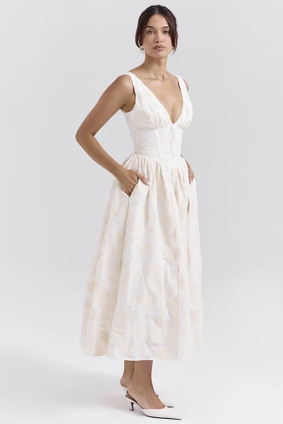 Emmelina Vintage Ivory Floral Embroidered Corset Sundress Emmelina Vintage Ivory Floral Embroidered Corset Sundress
