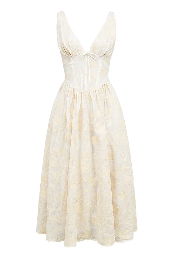 Emmelina Vintage Ivory Floral Embroidered Corset Sundress Emmelina Vintage Ivory Floral Embroidered Corset Sundress