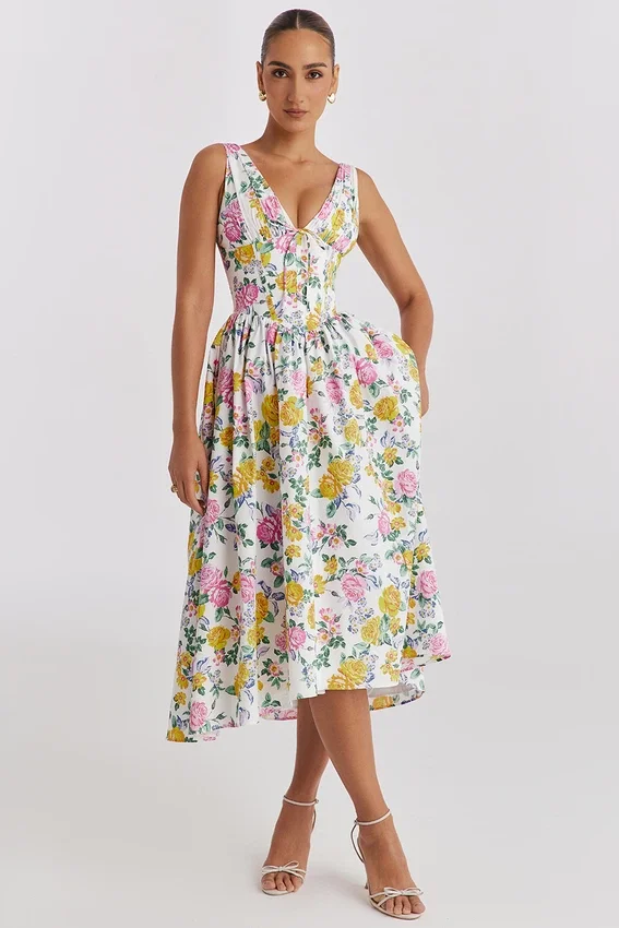 Emmelina White Vintage Rose Print Cotton Corset Sundress Emmelina White Vintage Rose Print Cotton Corset Sundress