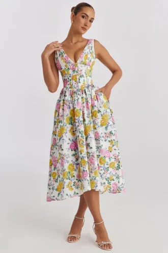 Emmelina White Vintage Rose Print Cotton Corset Sundress