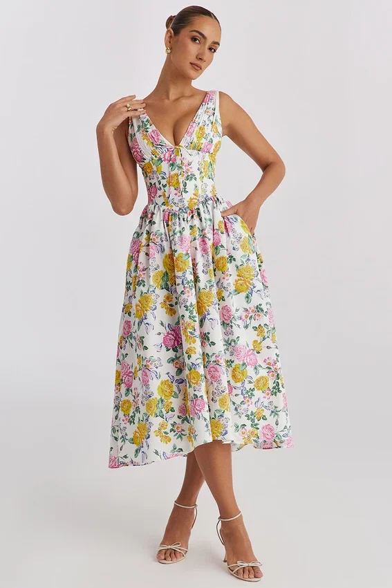 Emmelina White Vintage Rose Print Cotton Corset Sundress Emmelina White Vintage Rose Print Cotton Corset Sundress