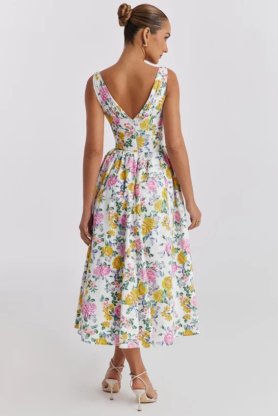 Emmelina White Vintage Rose Print Cotton Corset Sundress Emmelina White Vintage Rose Print Cotton Corset Sundress