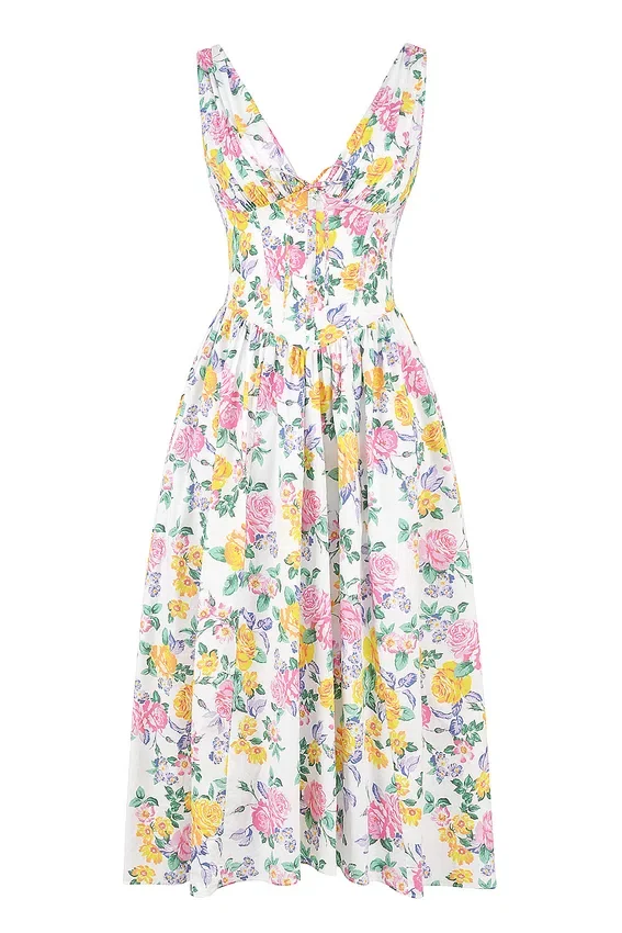 Emmelina White Vintage Rose Print Cotton Corset Sundress Emmelina White Vintage Rose Print Cotton Corset Sundress
