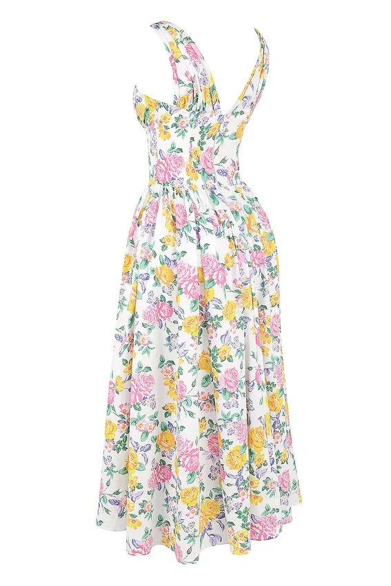 Emmelina White Vintage Rose Print Cotton Corset Sundress Emmelina White Vintage Rose Print Cotton Corset Sundress