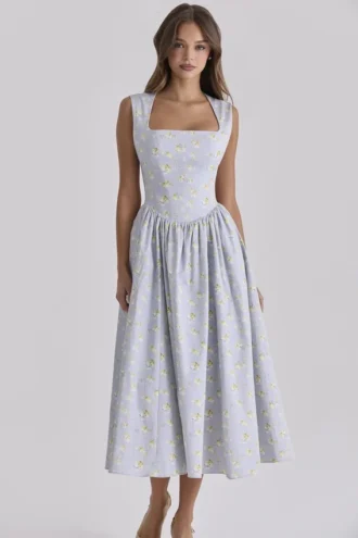 Emmy Blue Wildflower Print Cotton Midi Sundress