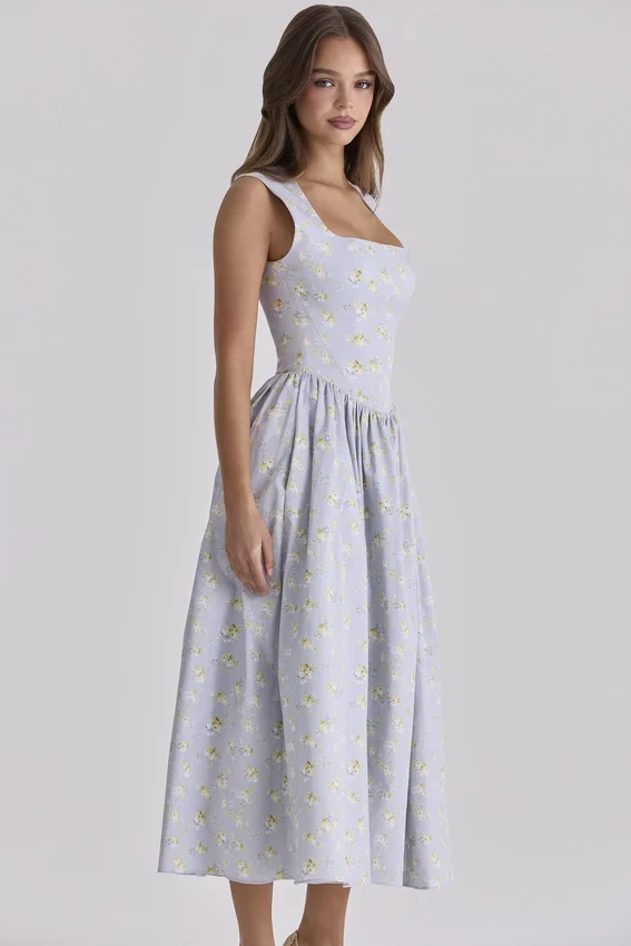 Emmy Blue Wildflower Print Cotton Midi Sundress Emmy Blue Wildflower Print Cotton Midi Sundress