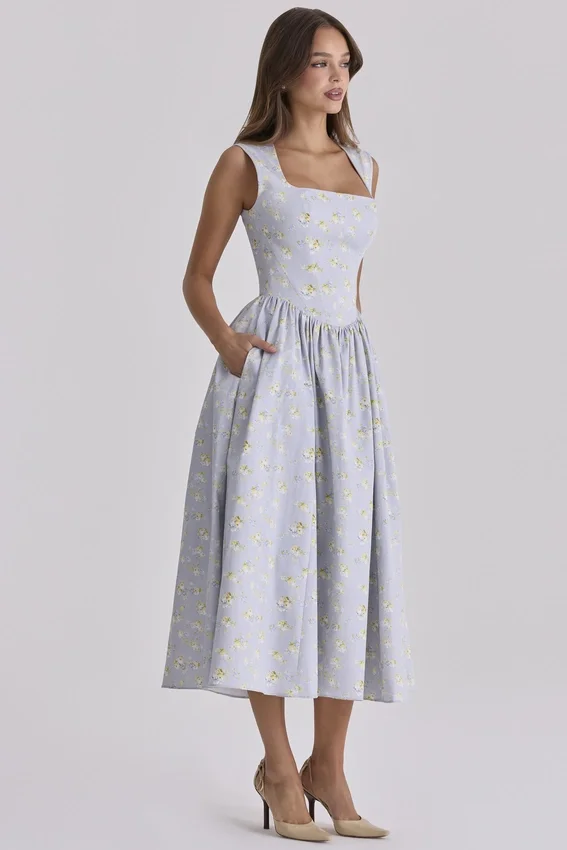 Emmy Blue Wildflower Print Cotton Midi Sundress Emmy Blue Wildflower Print Cotton Midi Sundress