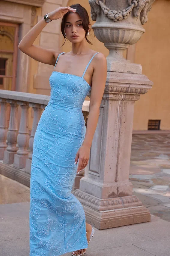Eva Tuscan Blue Embroidered Floral Maxi Dress Eva Tuscan Blue Embroidered Floral Maxi Dress
