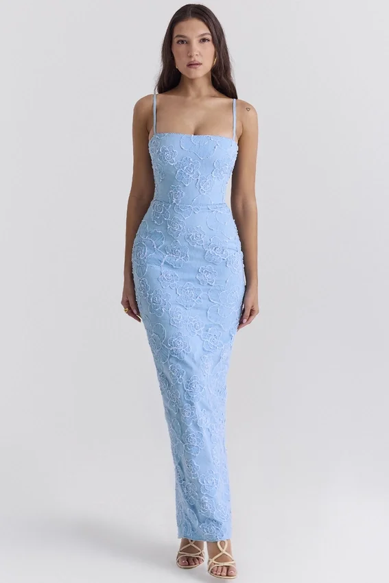 Eva Tuscan Blue Embroidered Floral Maxi Dress Eva Tuscan Blue Embroidered Floral Maxi Dress