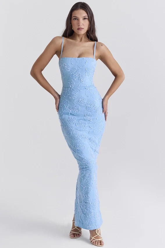Eva Tuscan Blue Embroidered Floral Maxi Dress Eva Tuscan Blue Embroidered Floral Maxi Dress