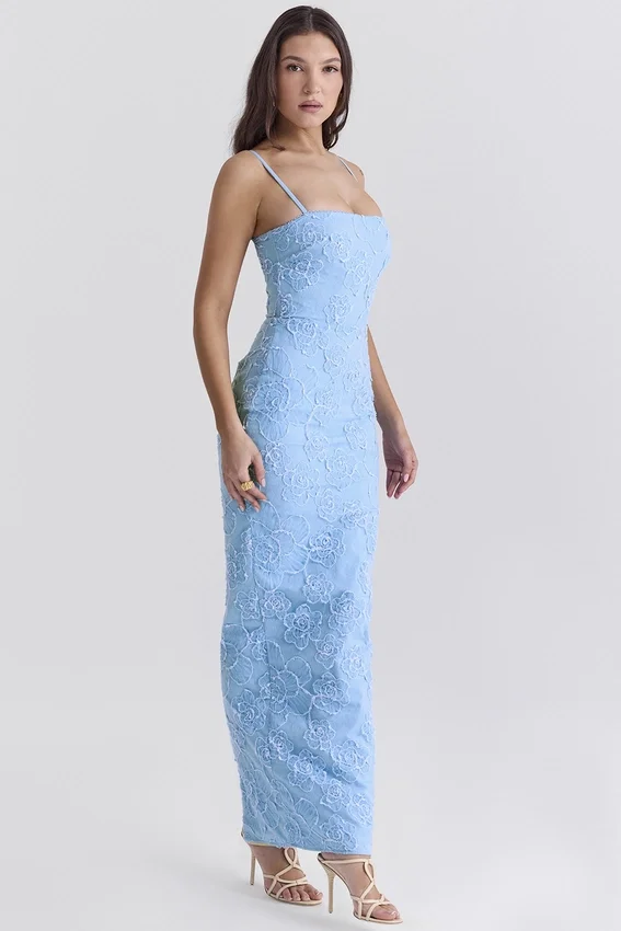 Eva Tuscan Blue Embroidered Floral Maxi Dress Eva Tuscan Blue Embroidered Floral Maxi Dress
