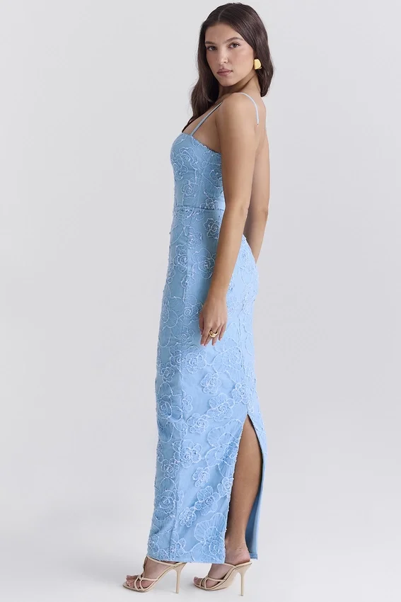 Eva Tuscan Blue Embroidered Floral Maxi Dress Eva Tuscan Blue Embroidered Floral Maxi Dress