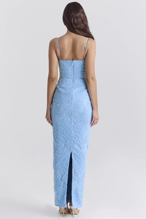 Eva Tuscan Blue Embroidered Floral Maxi Dress Eva Tuscan Blue Embroidered Floral Maxi Dress