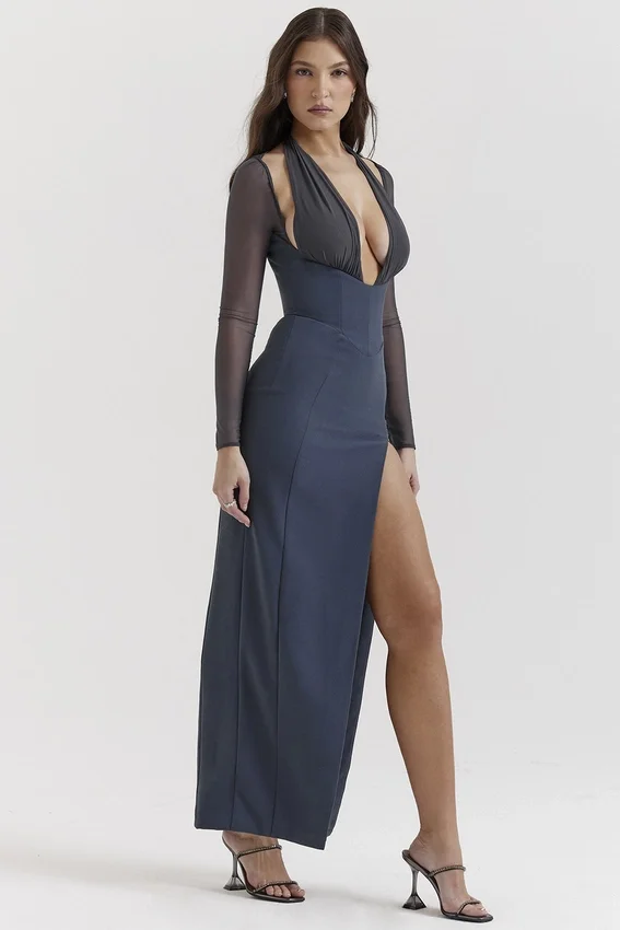 Evangelina Slate Plunge Maxi Dress Evangelina Slate Plunge Maxi Dress