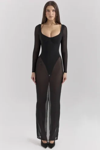 Everly Black Mesh Maxi Dress with Bodysuit