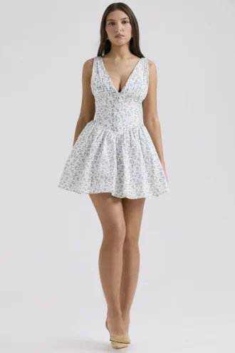 Fabrizia White Bluebell Print Corset Mini Dress
