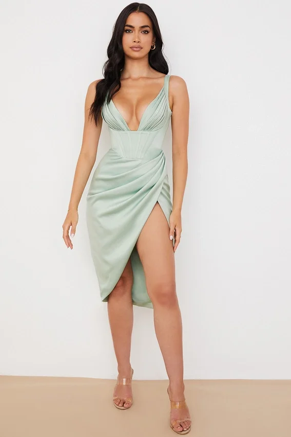 Faye Pistachio Satin Corset Midi Dress Faye Pistachio Satin Corset Midi Dress