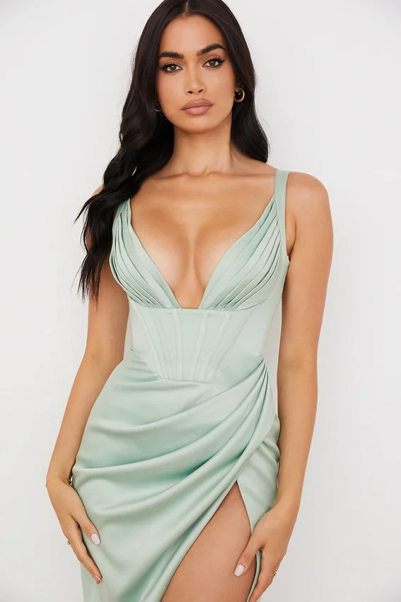 Faye Pistachio Satin Corset Midi Dress Faye Pistachio Satin Corset Midi Dress