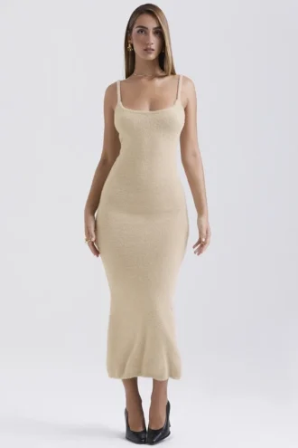 Fayette Beige Soft Fluffy Knit Maxi Dress
