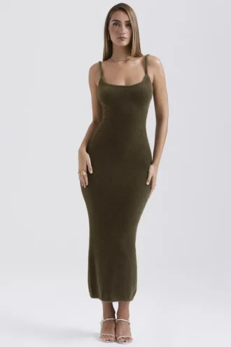 Fayette Khaki Soft Fluffy Knit Maxi Dress