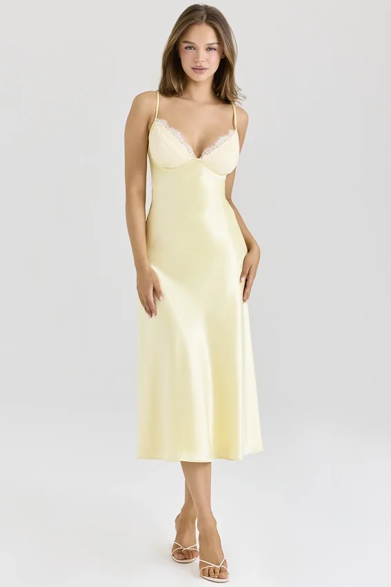 Felicity Butter Yellow Satin Bias Cut Midi Dress Felicity Butter Yellow Satin Bias Cut Midi Dress