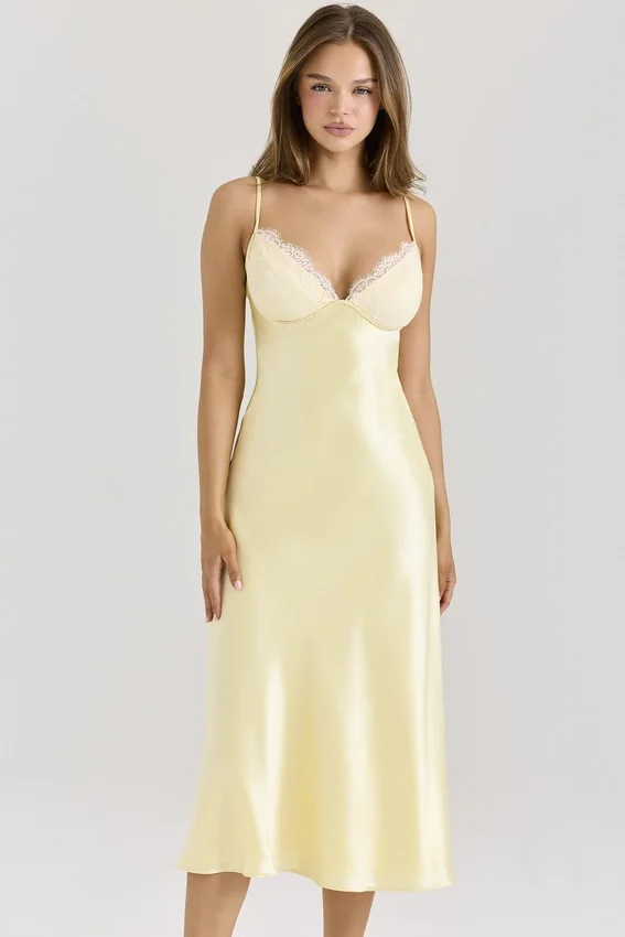 Felicity Butter Yellow Satin Bias Cut Midi Dress Felicity Butter Yellow Satin Bias Cut Midi Dress