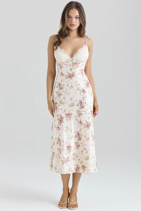 Felicity Ivory Floral Print Satin Bias Cut Midi Dress Felicity Ivory Floral Print Satin Bias Cut Midi Dress
