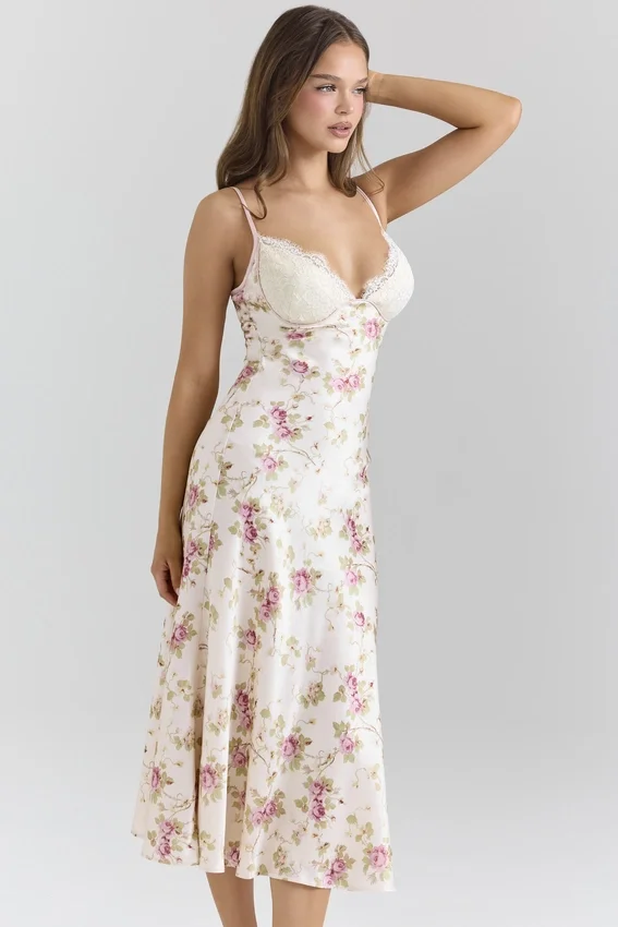 Felicity Ivory Floral Print Satin Bias Cut Midi Dress Felicity Ivory Floral Print Satin Bias Cut Midi Dress
