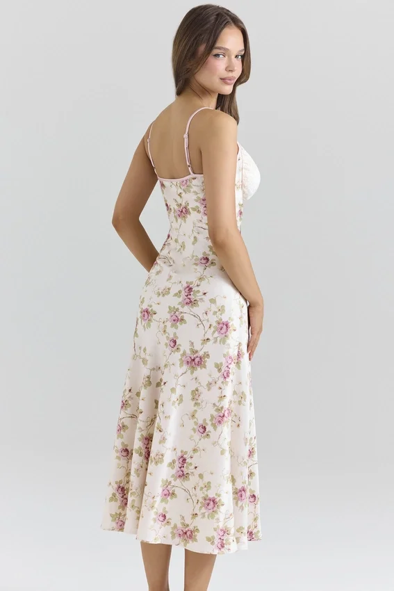 Felicity Ivory Floral Print Satin Bias Cut Midi Dress Felicity Ivory Floral Print Satin Bias Cut Midi Dress