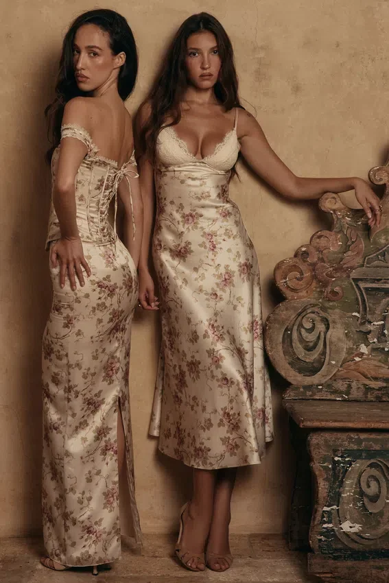 Felicity Ivory Floral Print Satin Bias Cut Midi Dress Felicity Ivory Floral Print Satin Bias Cut Midi Dress