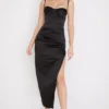 Flora Black Satin Pleated Corset Midi Dress Flora Black Satin Pleated Corset Midi Dress