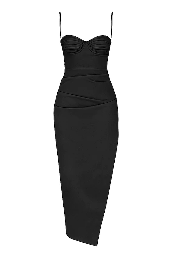 Flora Black Satin Pleated Corset Midi Dress Flora Black Satin Pleated Corset Midi Dress