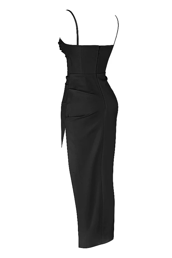 Flora Black Satin Pleated Corset Midi Dress Flora Black Satin Pleated Corset Midi Dress