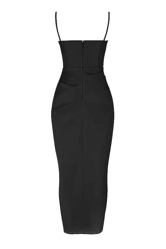 Flora Black Satin Pleated Corset Midi Dress Flora Black Satin Pleated Corset Midi Dress