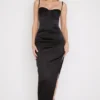 Flora Black Satin Pleated Corset Midi Dress Flora Black Satin Pleated Corset Midi Dress