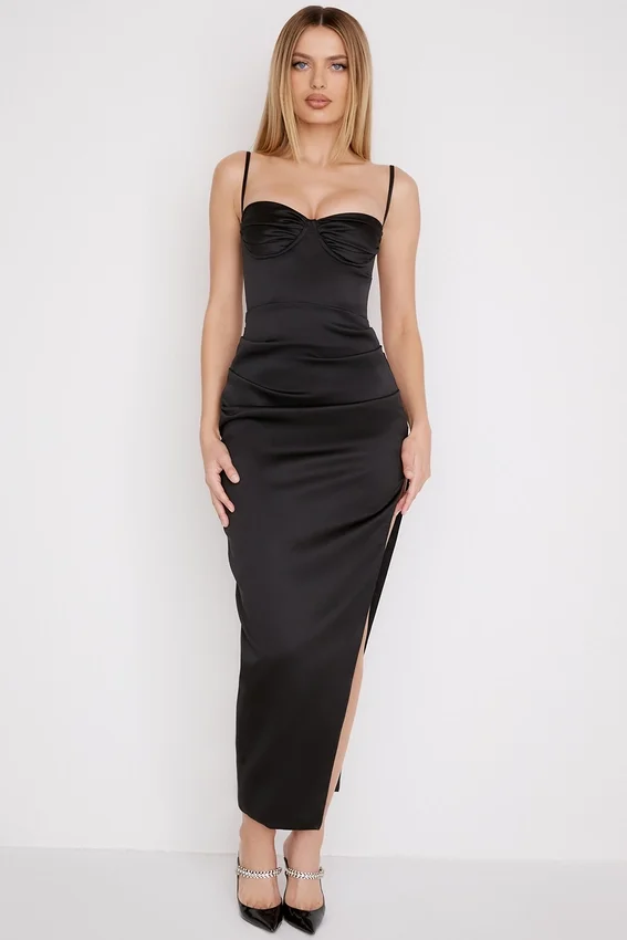 Flora Black Satin Pleated Corset Midi Dress Flora Black Satin Pleated Corset Midi Dress