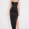 Flora Black Satin Pleated Corset Midi Dress Flora Black Satin Pleated Corset Midi Dress
