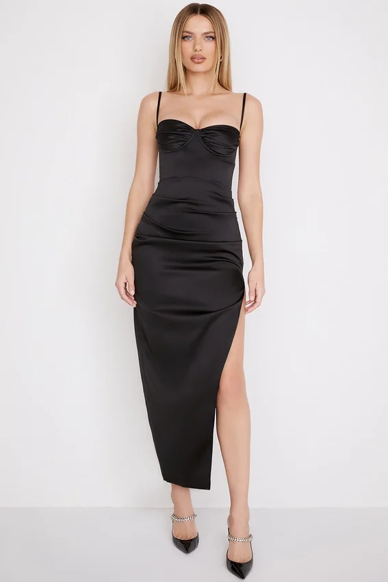 Flora Black Satin Pleated Corset Midi Dress Flora Black Satin Pleated Corset Midi Dress