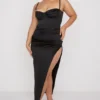 Flora Black Satin Pleated Corset Midi Dress Flora Black Satin Pleated Corset Midi Dress