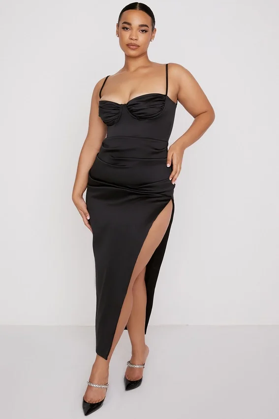Flora Black Satin Pleated Corset Midi Dress Flora Black Satin Pleated Corset Midi Dress