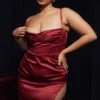 Flora Wine Satin Pleated Corset Midi Dress Flora Wine Satin Pleated Corset Midi Dress