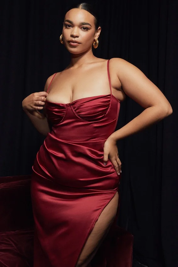 Flora Wine Satin Pleated Corset Midi Dress Flora Wine Satin Pleated Corset Midi Dress