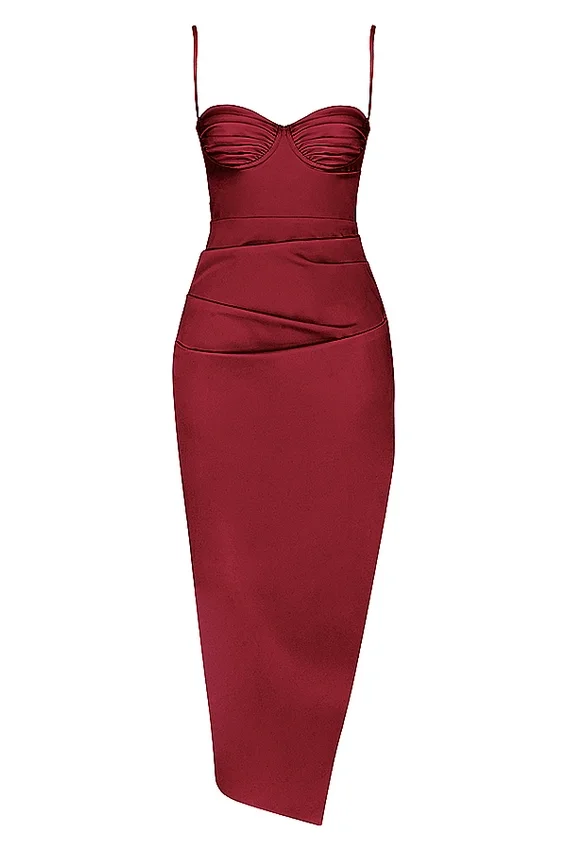 Flora Wine Satin Pleated Corset Midi Dress Flora Wine Satin Pleated Corset Midi Dress