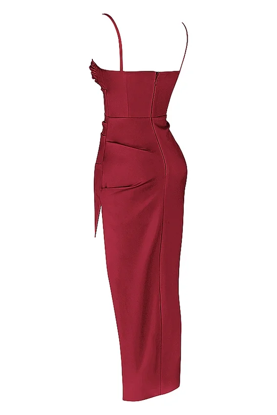 Flora Wine Satin Pleated Corset Midi Dress Flora Wine Satin Pleated Corset Midi Dress
