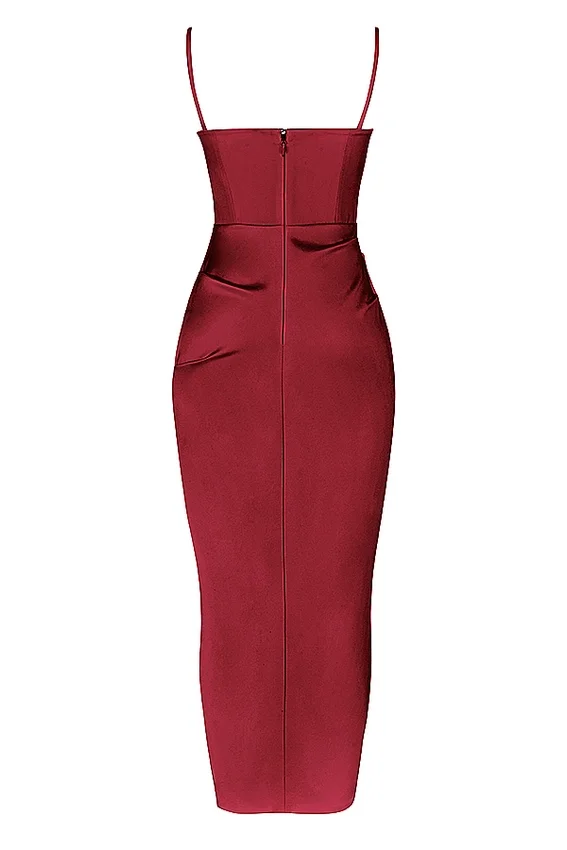 Flora Wine Satin Pleated Corset Midi Dress Flora Wine Satin Pleated Corset Midi Dress