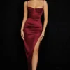 Flora Wine Satin Pleated Corset Midi Dress Flora Wine Satin Pleated Corset Midi Dress