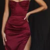 Flora Wine Satin Pleated Corset Midi Dress Flora Wine Satin Pleated Corset Midi Dress