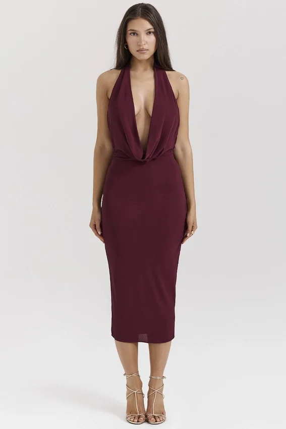 Florentina Merlot Draped Midi Dress Florentina Merlot Draped Midi Dress