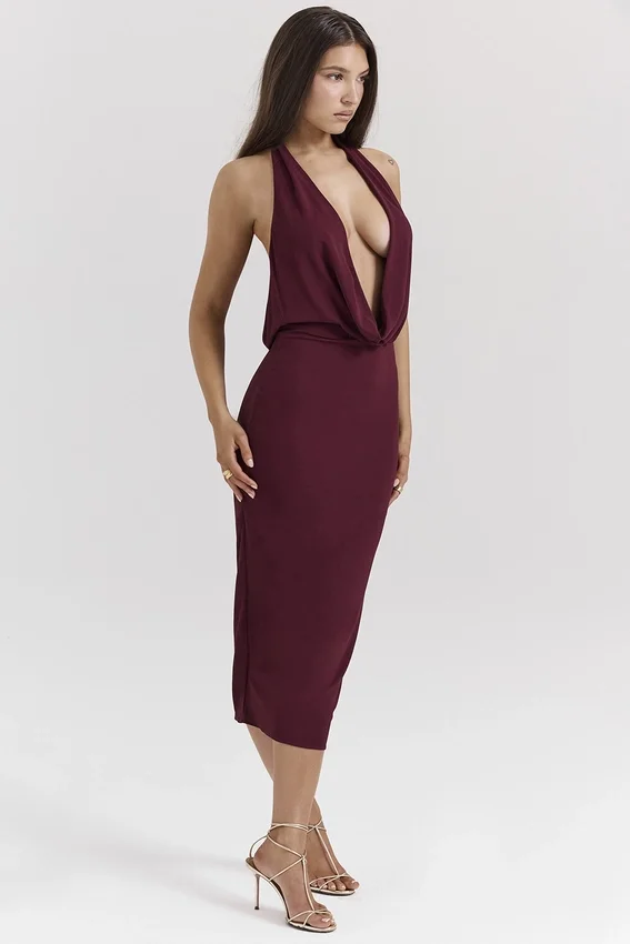 Florentina Merlot Draped Midi Dress Florentina Merlot Draped Midi Dress